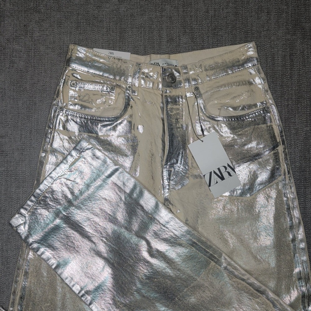 Zara The Boy Boy Fit Metallic Silver Foil Jeans Relaxed Straight Leg Size 6 NEW